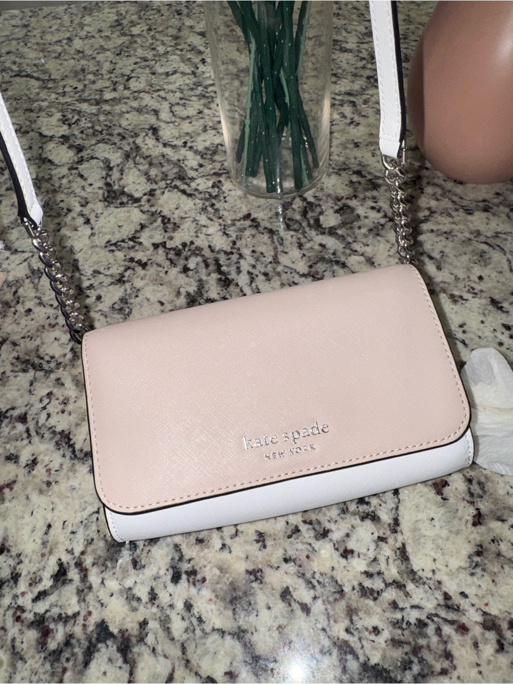 kate spade Pink and White Saffiano Crossbody with Chain Strap